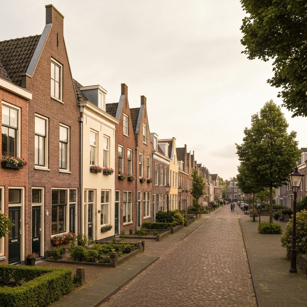 Woonstraat met Nederlandse rijtjeshuizen in Zuid-Holland